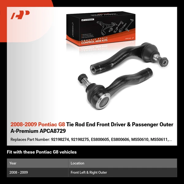 2008-2009 Pontiac G8 Tie Rod End Front Driver & Passenger Outer A-Premium APCA8729