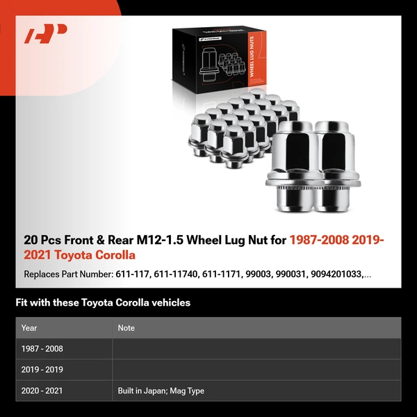 20 Pcs Front & Rear M12-1.5 Wheel Lug Nut for 1987-2008 2019-2021 Toyota Corolla
