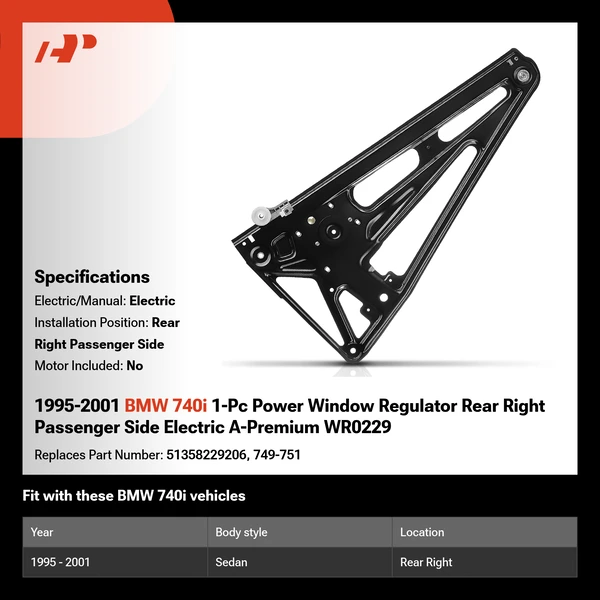 1995-2001 BMW 740i 1-Pc Power Window Regulator Rear Right Passenger Side Electric A-Premium WR0229