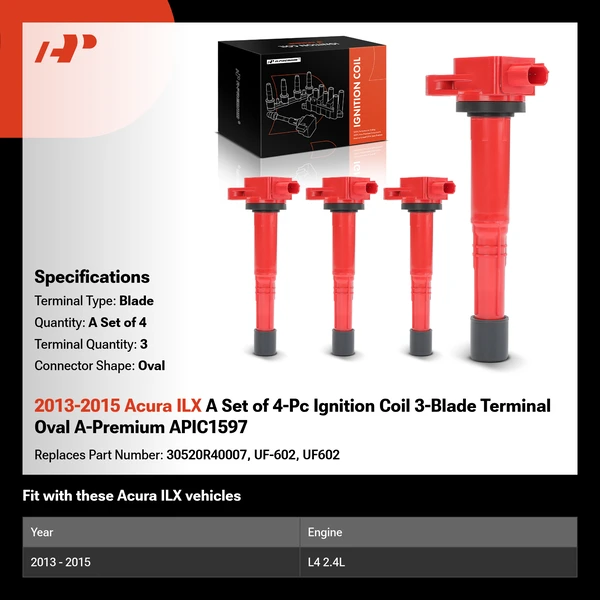 2013-2015 Acura ILX A Set of 4-Pc Ignition Coil 3-Blade Terminal Oval A-Premium APIC1597
