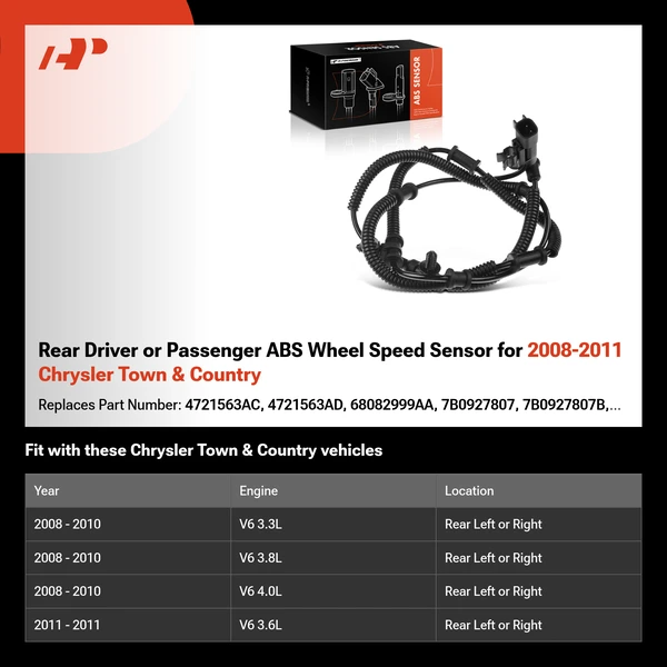 Rear Driver or Passenger ABS Wheel Speed Sensor for 2008-2011 Chrysler Town & Country