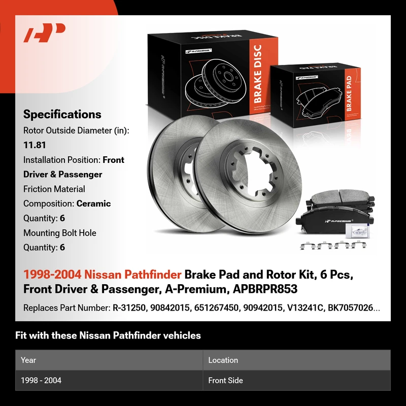 1998-2004 Nissan Pathfinder Brake Pad and Rotor Kit, 6 Pcs, Front Driver & Passenger, A-Premium, APBRPR853