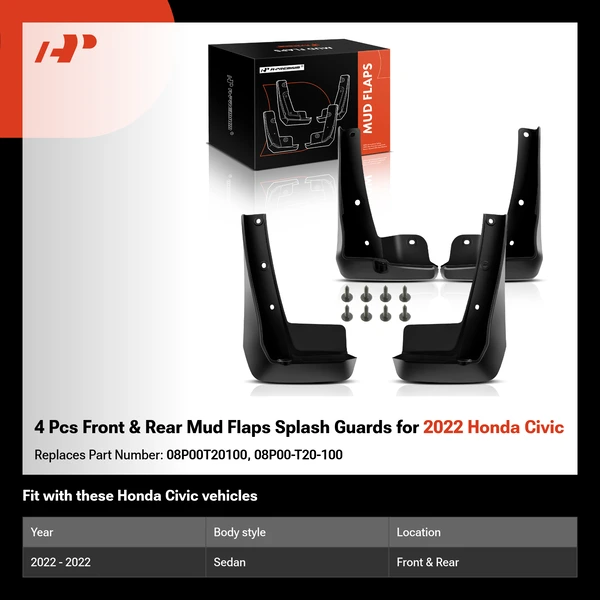 4 Pcs Front & Rear Mud Flaps Splash Guards for 2022 Honda Civic