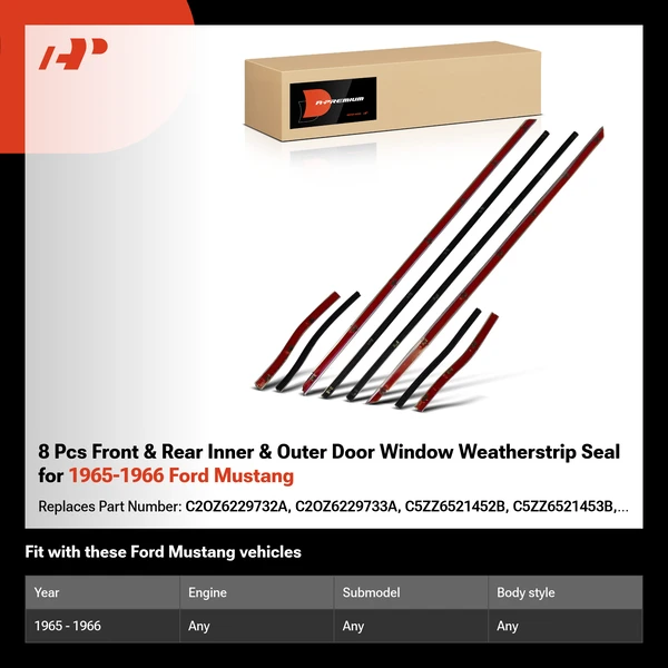 8 Pcs Front & Rear Inner & Outer Door Window Weatherstrip Seal for 1965-1966 Ford Mustang