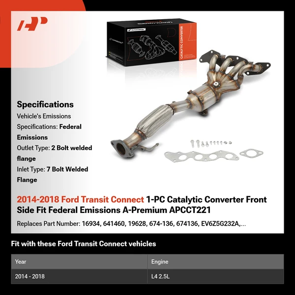 2014-2018 Ford Transit Connect 1-PC Catalytic Converter Front Side Fit Federal Emissions A-Premium APCCT221