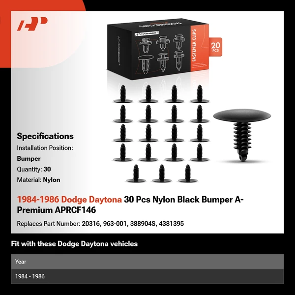 1984-1986 Dodge Daytona 30 Pcs Nylon Black Bumper A-Premium APRCF146