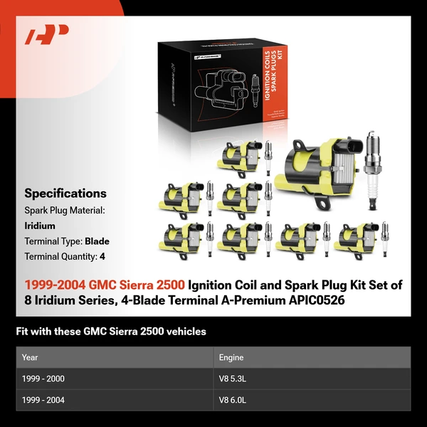 1999-2004 GMC Sierra 2500 Ignition Coil and Spark Plug Kit Set of 8 Iridium Series, 4-Blade Terminal A-Premium APIC0526