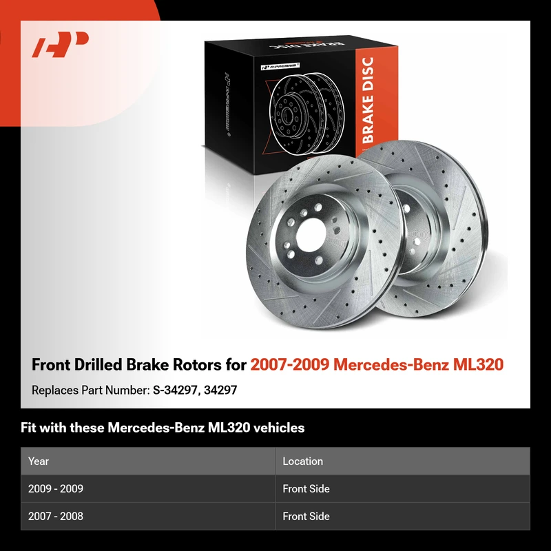 Front Drilled & Slotted Brake Rotors for 2007-2009 Mercedes-Benz ML320