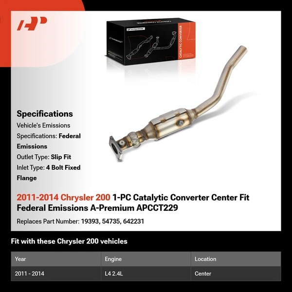 2011-2014 Chrysler 200 1-PC Catalytic Converter Center Fit Federal Emissions A-Premium APCCT229