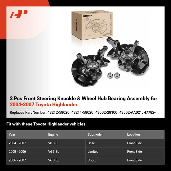 2 Pcs Front Steering Knuckle & Wheel Hub Bearing Assembly for 2004-2007 Toyota Highlander