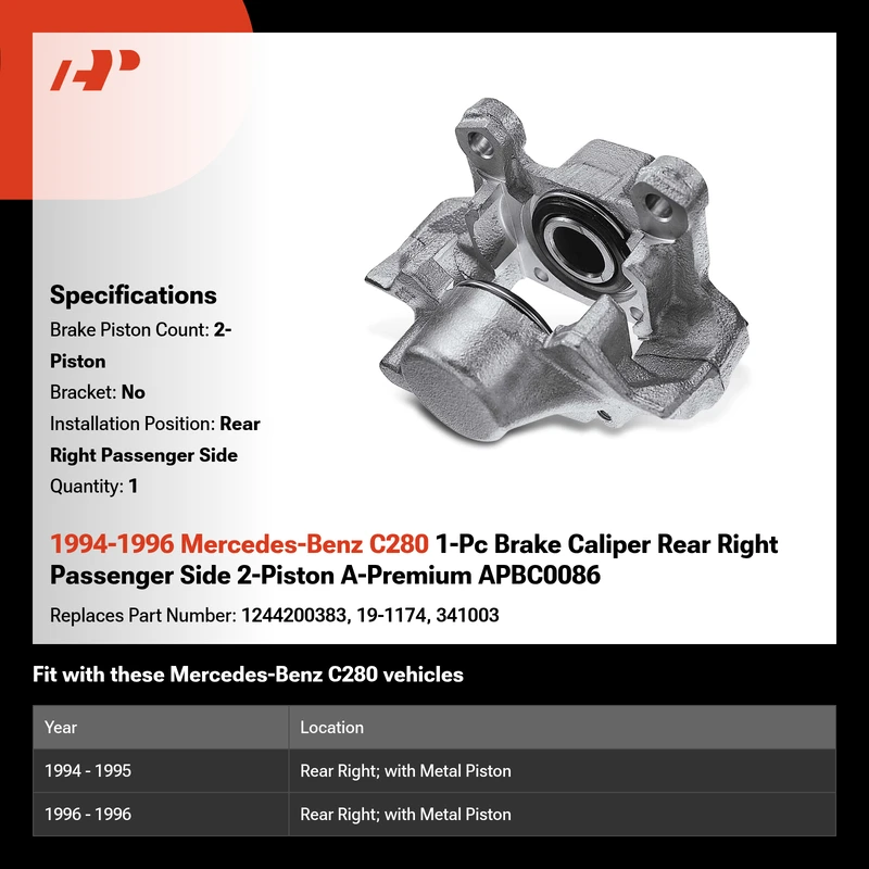 1994-1996 Mercedes-Benz C280 1-Pc Brake Caliper Rear Right Passenger Side 2-Piston A-Premium APBC0086