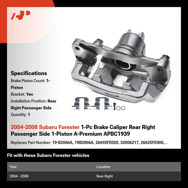 2004-2008 Subaru Forester 1-Pc Brake Caliper Rear Right Passenger Side 1-Piston A-Premium APBC1939