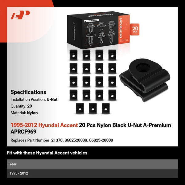 1995-2012 Hyundai Accent 20 Pcs Nylon Black U-Nut A-Premium APRCF969
