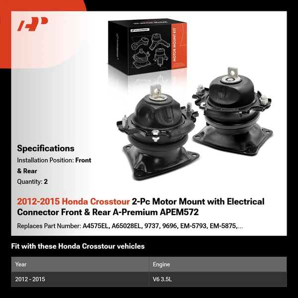 2012-2015 Honda Crosstour 2-Pc Motor Mount with Electrical Connector Front & Rear A-Premium APEM572