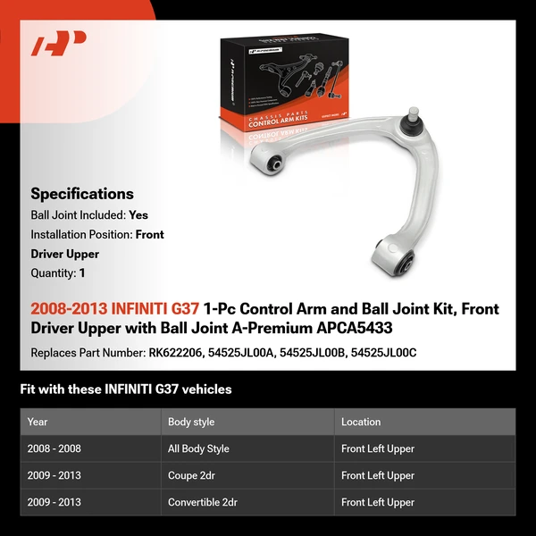 2008-2013 INFINITI G37 1-Pc Control Arm and Ball Joint Kit, Front Driver Upper with Ball Joint A-Premium APCA5433