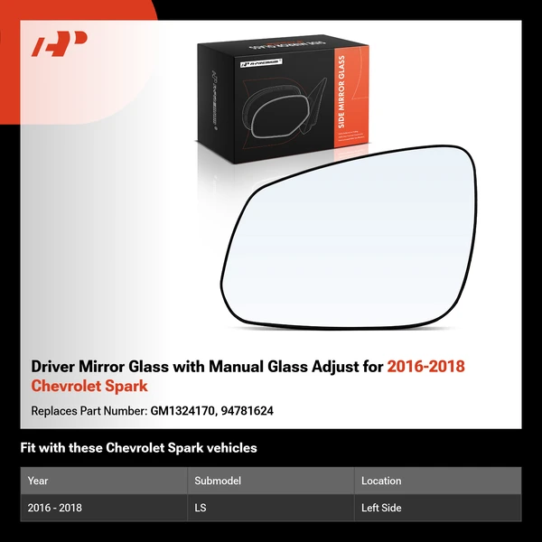 Driver Mirror Glass with Manual Glass Adjust for 2016-2018 Chevrolet Spark