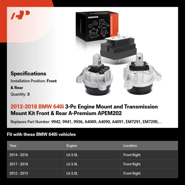2012-2018 BMW 640i 3-Pc Engine Mount and Transmission Mount Kit Front & Rear A-Premium APEM202