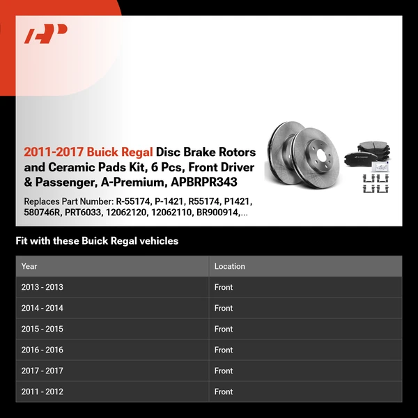 2011-2017 Buick Regal Disc Brake Rotors and Ceramic Pads Kit, 6 Pcs, Front Driver & Passenger, A-Premium, APBRPR343