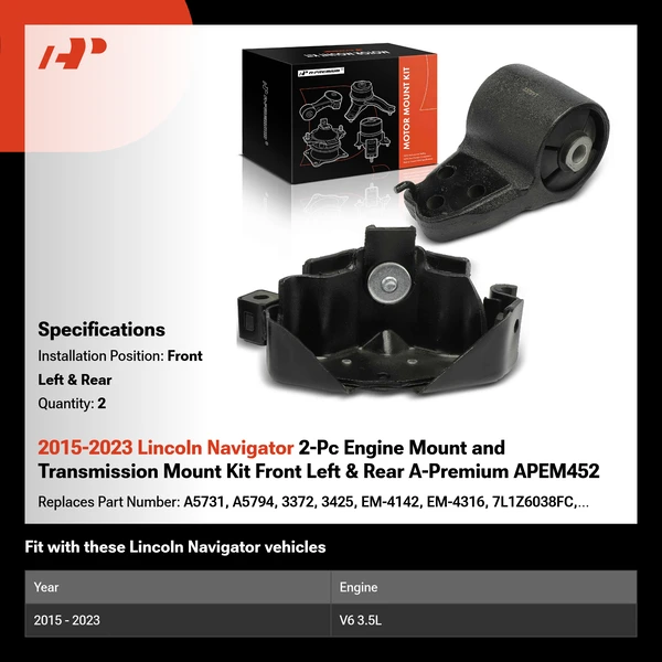 2015-2023 Lincoln Navigator 2-Pc Engine Mount and Transmission Mount Kit Front Left & Rear A-Premium APEM452