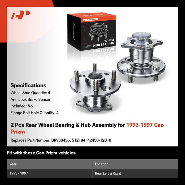 2 Pcs Rear Wheel Bearing & Hub Assembly for 1993-1997 Geo Prizm