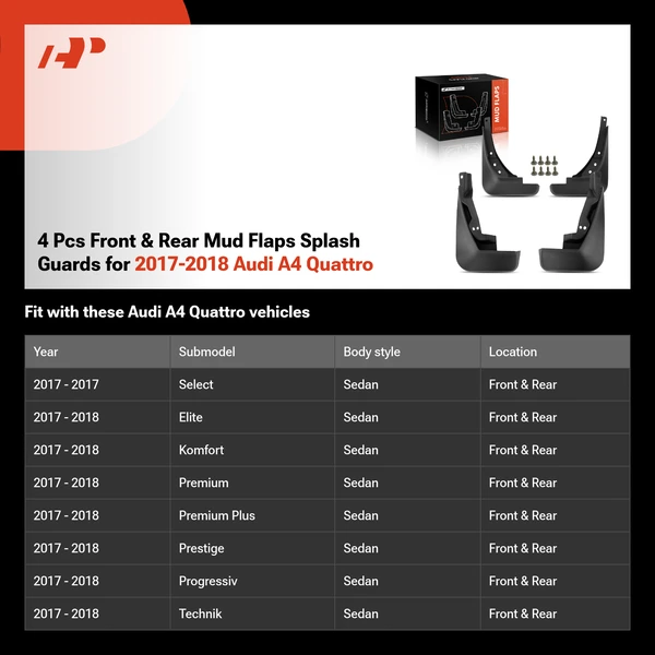 4 Pcs Front & Rear Mud Flaps Splash Guards for 2017-2018 Audi A4 Quattro