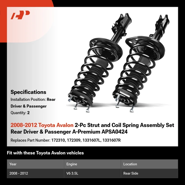 2008-2012 Toyota Avalon 2-Pc Strut and Coil Spring Assembly Set Rear Driver & Passenger A-Premium APSA0424