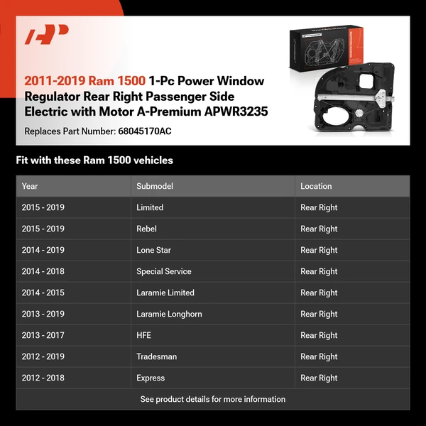 2011-2019 Ram 1500 1-Pc Power Window Regulator Rear Right Passenger Side Electric with Motor A-Premium APWR3235