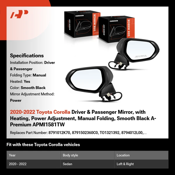 2020-2022 Toyota Corolla Driver & Passenger Mirror, with Heating, Power Adjustment, Manual Folding, Smooth Black A-Premium APMI1581TW