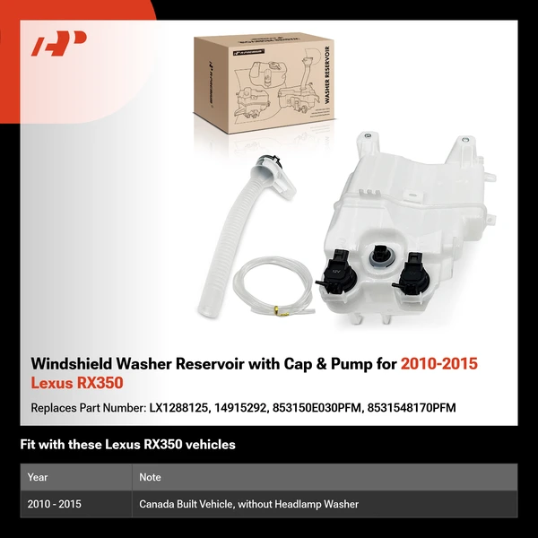 Windshield Washer Reservoir with Cap & Pump for 2010-2015 Lexus RX350