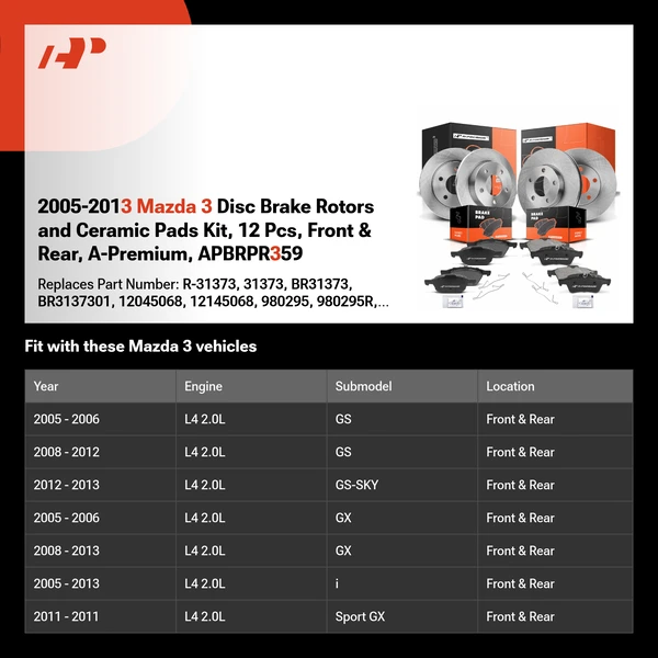 2005-2013 Mazda 3 Disc Brake Rotors and Ceramic Pads Kit, 12 Pcs, Front & Rear, A-Premium, APBRPR359