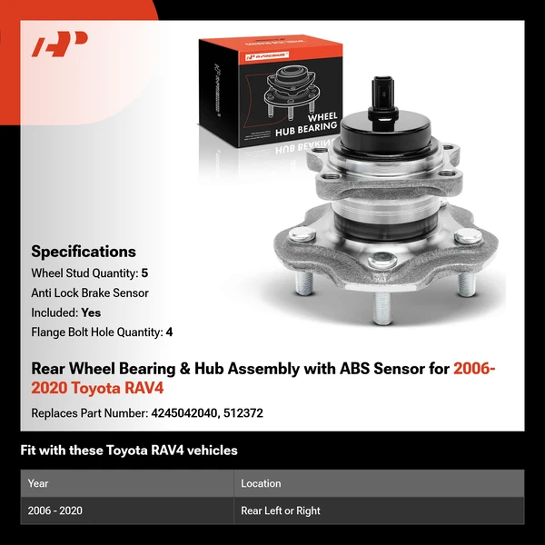 Rear Wheel Bearing & Hub Assembly with ABS Sensor for 2006-2020 Toyota RAV4
