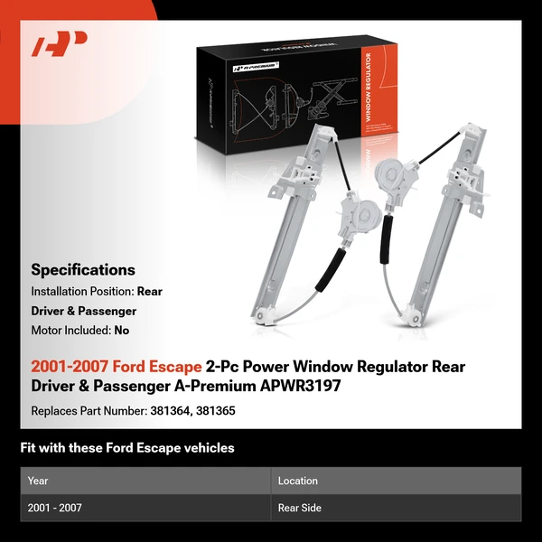 2001-2007 Ford Escape 2-Pc Power Window Regulator Rear Driver & Passenger A-Premium APWR3197