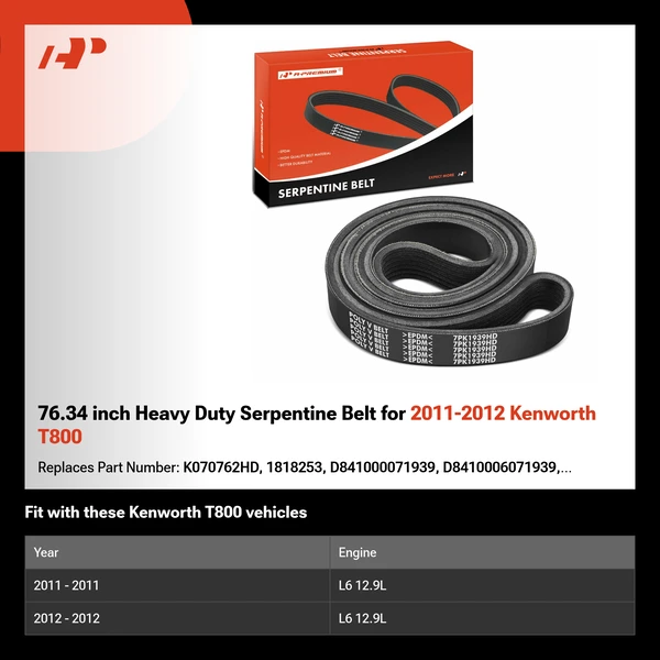76.34 inch Heavy Duty Serpentine Belt for 2011-2012 Kenworth T800