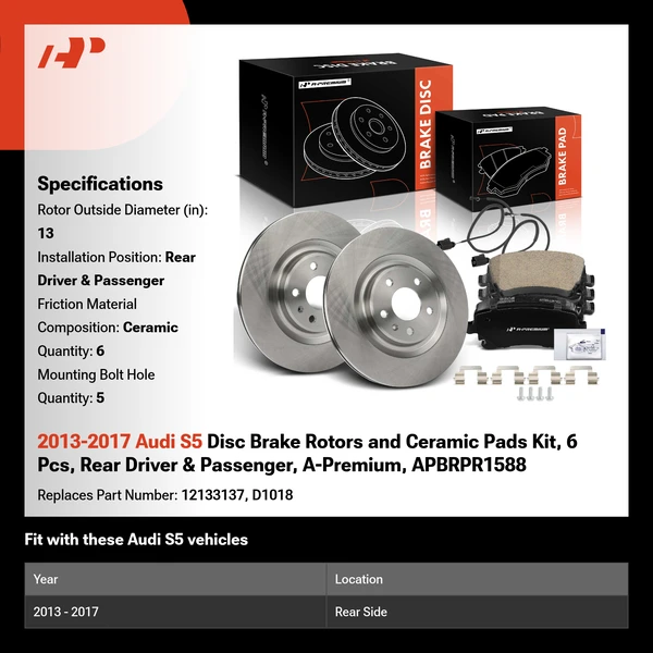 2013-2017 Audi S5 Disc Brake Rotors and Ceramic Pads Kit, 6 Pcs, Rear Driver & Passenger, A-Premium, APBRPR1588