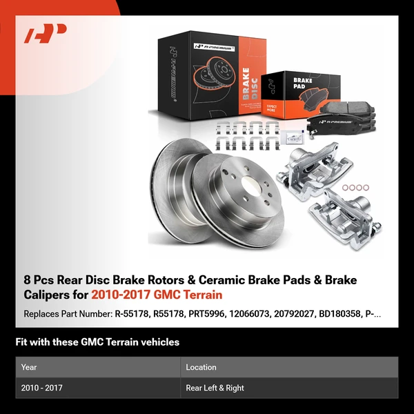 8 Pcs Rear Disc Brake Rotors & Ceramic Brake Pads & Brake Calipers for 2010-2017 GMC Terrain