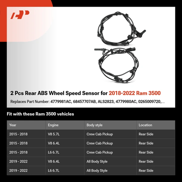 2 Pcs Rear ABS Wheel Speed Sensor for 2018-2022 Ram 3500