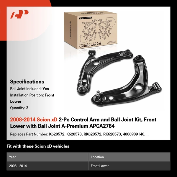 2008-2014 Scion xD 2-Pc Control Arm and Ball Joint Kit, Front Lower with Ball Joint A-Premium APCA2784