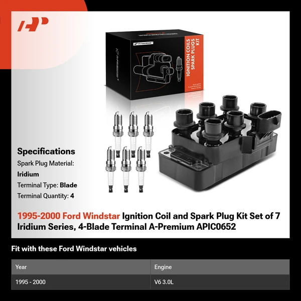 1995-2000 Ford Windstar Ignition Coil and Spark Plug Kit Set of 7 Iridium Series, 4-Blade Terminal A-Premium APIC0652