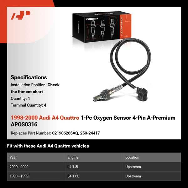 1998-2000 Audi A4 Quattro 1-Pc Oxygen Sensor 4-Pin A-Premium APOS0316