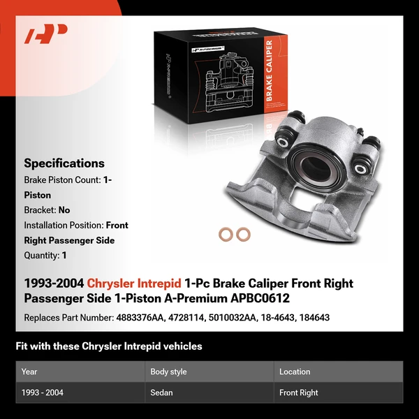 1993-2004 Chrysler Intrepid 1-Pc Brake Caliper Front Right Passenger Side 1-Piston A-Premium APBC0612
