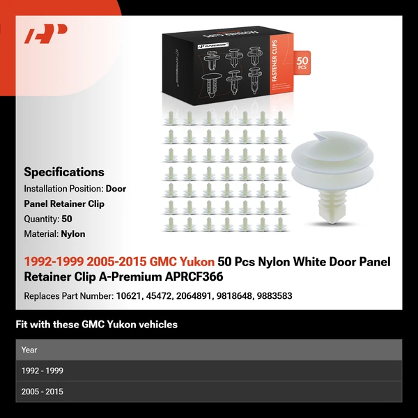 1992-1999 2005-2015 GMC Yukon 50 Pcs Nylon White Door Panel Retainer Clip A-Premium APRCF366