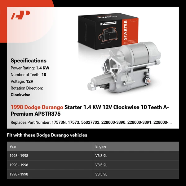 1998 Dodge Durango Starter 1.4 KW 12V Clockwise 10 Teeth A-Premium APSTR375