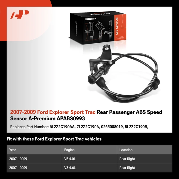 2007-2009 Ford Explorer Sport Trac Rear Passenger ABS Speed Sensor A-Premium APABS0993