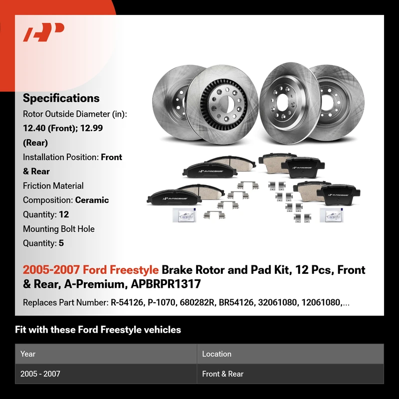2005-2007 Ford Freestyle Brake Rotor and Pad Kit, 12 Pcs, Front & Rear, A-Premium, APBRPR1317