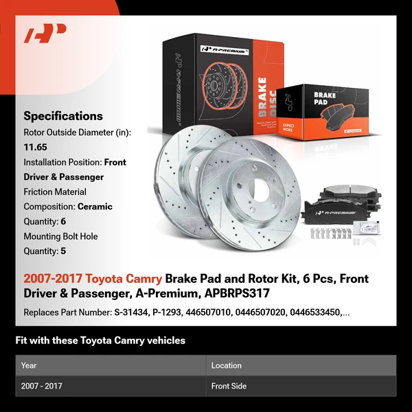 2007-2017 Toyota Camry Brake Pad and Rotor Kit, 6 Pcs, Front Driver & Passenger, A-Premium, APBRPS317