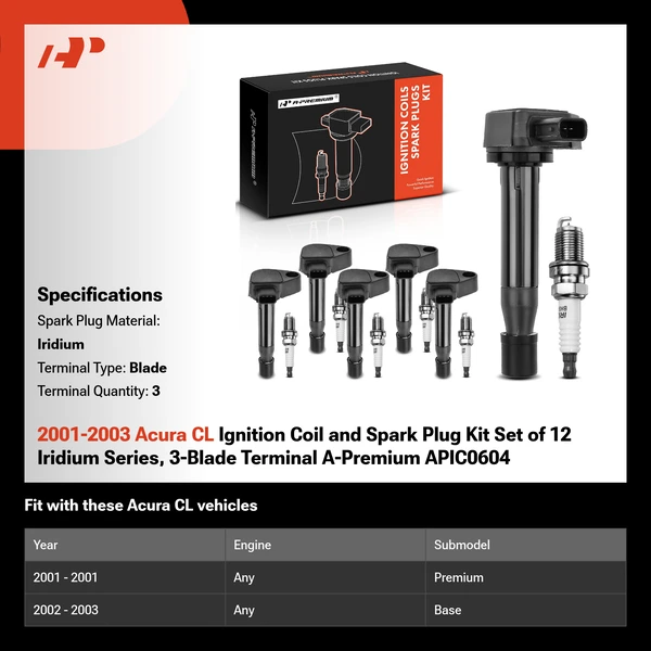 2001-2003 Acura CL Ignition Coil and Spark Plug Kit Set of 12 Iridium Series, 3-Blade Terminal A-Premium APIC0604