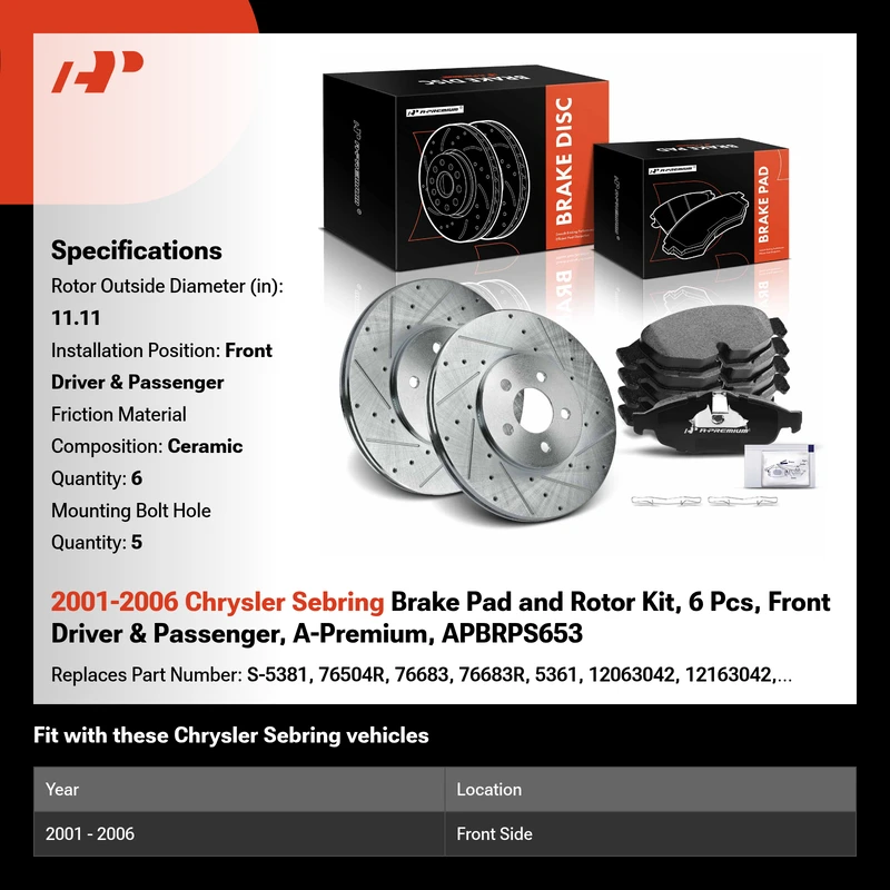2001-2006 Chrysler Sebring Brake Pad and Rotor Kit, 6 Pcs, Front Driver & Passenger, A-Premium, APBRPS653