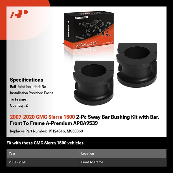 2007-2020 GMC Sierra 1500 2-Pc Sway Bar Bushing Kit with Bar, Front To Frame A-Premium APCA9539