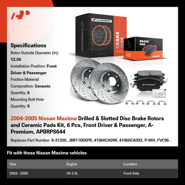 2004-2005 Nissan Maxima Drilled & Slotted Disc Brake Rotors and Ceramic Pads Kit, 6 Pcs, Front Driver & Passenger, A-Premium, APBRPS644