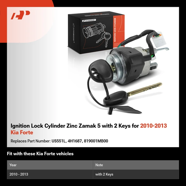 Ignition Lock Cylinder Zinc Zamak 5 with 2 Keys for 2010-2013 Kia Forte